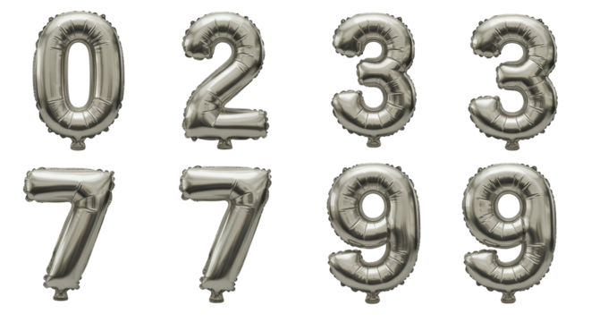 Gleaming silver foil balloon numbers 0-9, highly reflective and crinkled, isolated on a transparent background with dramatic studio lighting, macro shot, premium product advertising