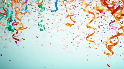 Festive Flutter: Capture the energy of celebration with a cascade of colorful ribbons and confetti against a bright sky, conveying joy and excitement.
