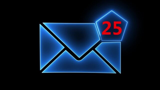 Glowing blue email icon with twenty five unread messages on the black background