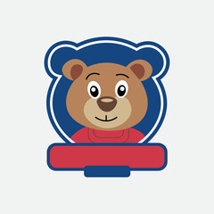Cute Teddy Bear Head Mascot Logo Badge Template. Cartoon Bear Face Emblem Icon with Banner. Red and Blue Sports Team Bear Mascot Shield.
