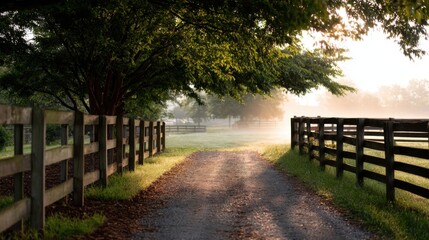A rustic country road leading to the horse farm, lined with wooden fences and trees, with morning mist rising from the grassy fields. the scene exudes tranquility and natural beauty. 