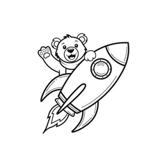 Happy Cartoon Bear Riding Rocket Line Art. Monochrome Outline of Teddy Bear on a Spaceship. Space Adventure Coloring Page Icon Vector.