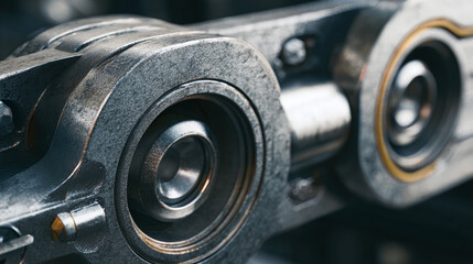 Intricate metal mechanism, showcasing a close-up of connected gears, bolts and links