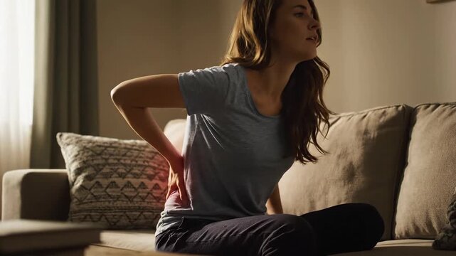 Woman Experiencing Back Pain at Home, Seeking Relief on Sofa, Health Issues Concept, Back Ache, Uncomfortable Position, Medical Issue, Muscle