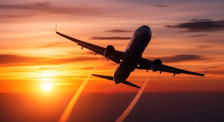 Large passenger airplane in a dramatic banking turn, silhouetted against a brilliant, fiery orange and red sunset or sunrise sky, with long white contrails trailing behind its wings