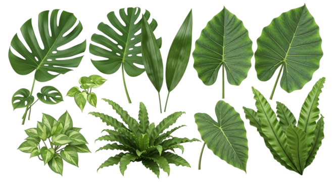 3d icon of collection of various tropical green leaves and plants isolated on transparent background isolated on transparent background