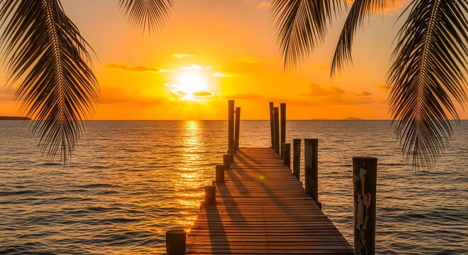 Golden tropical sunset view over the ocean with a wooden pier extending toward the horizon, framed by silhouette palm tree fronds