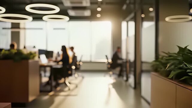 Productive office setting with blurred edges, showcasing the importance of work life balance, featuring lush greenery and employees collaborating around a large table in an xmc (extra large.