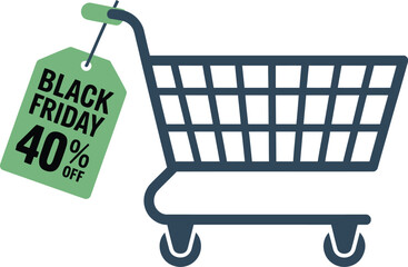 Black friday sale shopping cart with discount tag for online retail promotion event