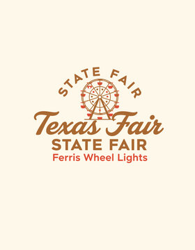 Retro Texas State Fair illustration with ferris wheel and simple type; crisp outline style suited to prints, labels, signage, apparel, and decor.