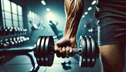 Low-Angle View of Hand Lifting Dumbbell in Calm Blue-Toned Gym