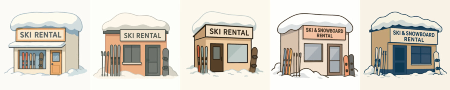 ski and snowboard rental shop in winter. Vektor, design, minimalist, illustrations, set icon
