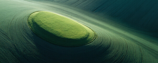 Fototapeta premium Aerial view of a vibrant green hill surrounded by cultivated land, evoking themes of nature, growth, and agriculture. Serene landscape. Use for environmental and travel concepts.