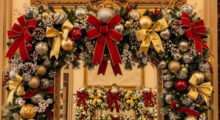 Luxurious Christmas Mirror Garland with Red Bows Gold Ornaments and Lights.