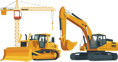 Construction Machines Set Crane Bulldozer Excavator in Yellow Color Heavy Equipment Vector Illustration in Cartoon Style © MDMUKTADIR