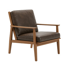 Modern wooden armchair with upholstered seat and back isolated on transparent background