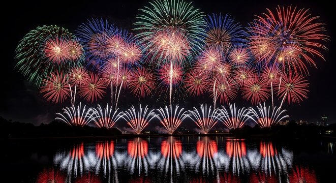 Spectacular panoramic display of colorful fireworks exploding over a body of water, creating a brilliant reflection of red, white, blue, and green lights against the dark night sky