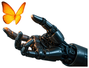 Dark metallic robot hand with articulated fingers holding a glowing yellow butterfly on a transparent background isolated on a transparent background