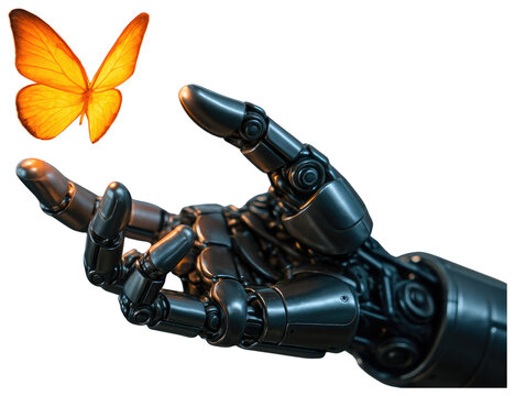 Dark metallic robot hand with articulated fingers holding a glowing yellow butterfly on a transparent background isolated on a transparent background
