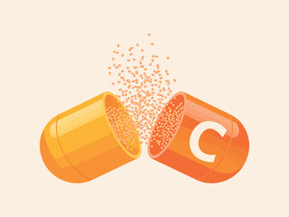 Open vitamin c capsule releasing powder on a light background