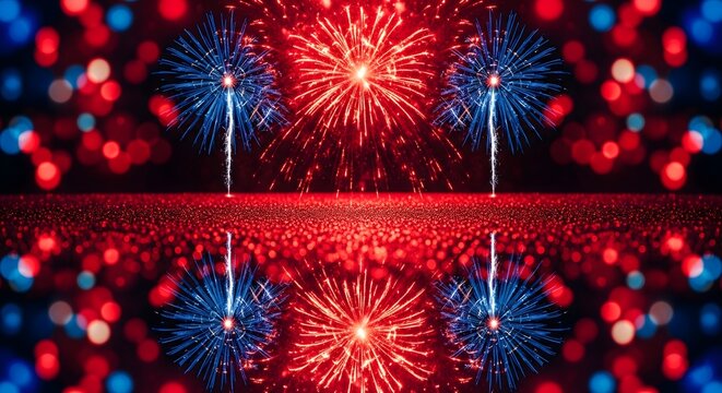 Spectacular red and blue fireworks display exploding over a reflective surface creating a symmetrical holiday background with sparkling bokeh lights, perfect for celebration events - Powered by Adobe