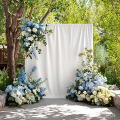 Outdoor backdrop draped in white cloth with floral arrangements