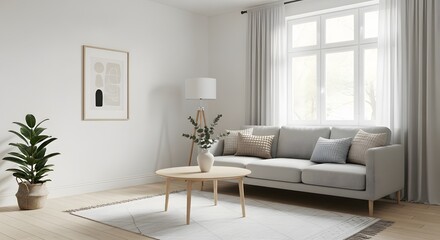 Fototapeta premium Bright modern living room interior with sofa plants and window