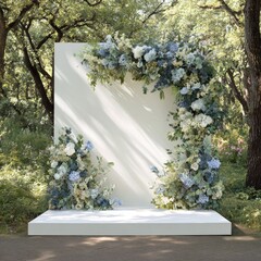 Floral arch on square backdrop platform in forest