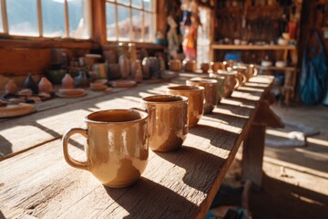 Rustic pottery workshop with sunlit ceramic cups on wooden table