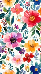 Vibrant watercolor floral pattern with colorful blossoms and greenery