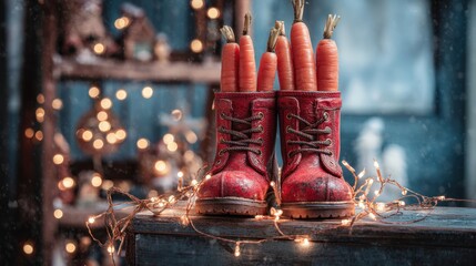 Festive carrots in red boots decorated with fairy lights for holiday season
