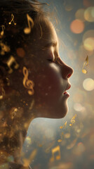 Tranquil child in musical dreamscape with flowing notes and bokeh lighting