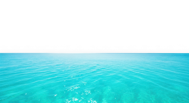 Blue ocean water with horizon and white sky, isolated on transparent background
