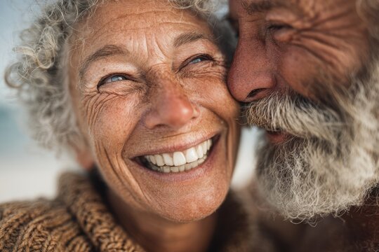 Happy elderly caucasian couple embracing outdoors with joyful expressions