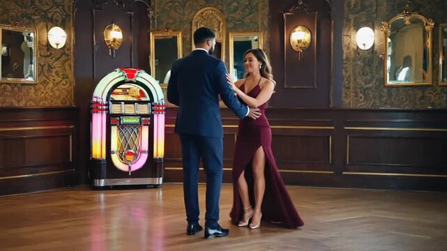 Couple dancing with a jukebox in a pub.