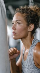 Obraz premium Determined young female boxer training in gym with focused expression