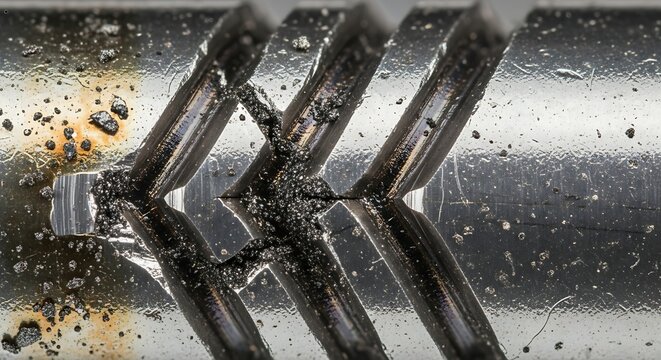 Macro of worn, pitted gear teeth with severe scoring, spalling and heavy lubricant residue.