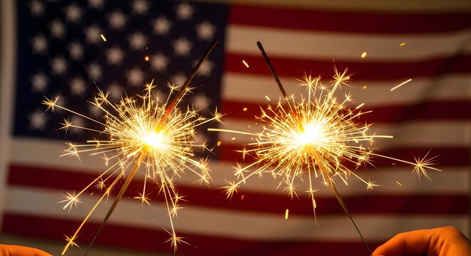 Two brilliant golden sparklers are held in front of a blurred American flag, creating a patriotic and festive image for Independence Day or other national celebrations