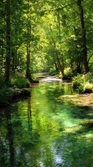 Serene forest river scene with lush greenery and sunlight reflections