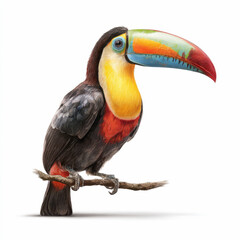 Vibrant toucan perched on branch with colorful beak and feathers on white background