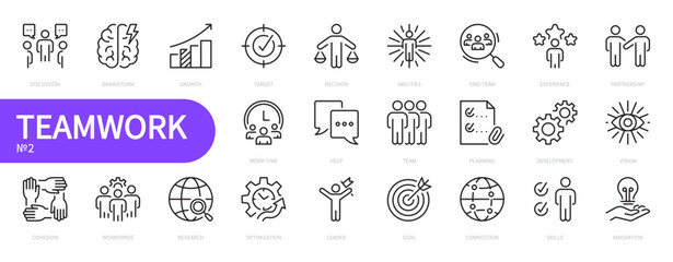 Teamwork icon set. Business team, optimization, leader, goal, work group, planning, development, partnership, cohesion, growth, skills, workforce, work time, etc. Vector illustration. Editable stroke.