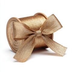 Golden ribbon with bow rolled on spool isolated on white background