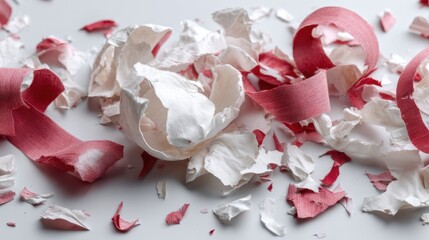 Torn red and white crepe paper pieces on a light surface. Christmas Day