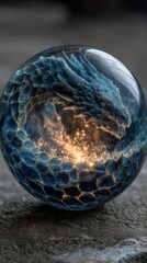 Fiery blue dragon encased in crystal sphere with luminous flames