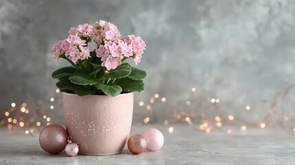 Pink kalanchoe in textured pot with festive ornaments and bokeh lights