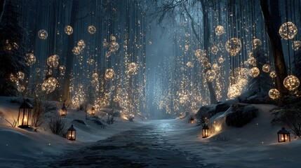 Enchanted winter forest with glowing lights and lanterns on snowy path