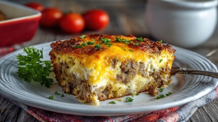 Savory sausage and cheese casserole garnished with fresh parsley on white plate