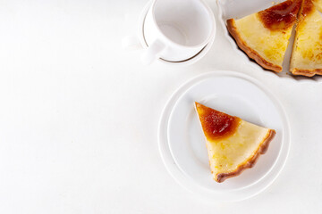 Traditional american Water Pie. Great Depression era recipe, sweet buttery pie cake with translucent custard custard, made with pie shell, water, flour, butter and sugar