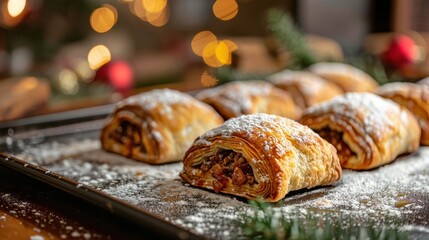 Delicious apple strudel pastries with cinnamon and sugar topping on tray. National Mincemeat Day