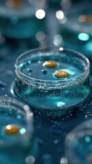 Effervescent blue gel with orange capsules in petri dish on reflective surface